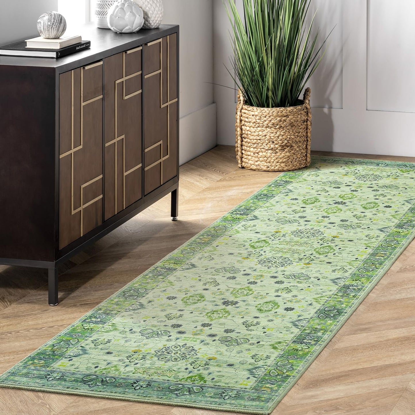 Przemy Runner Rug for Bedroom, 2x6Ft Washable Non-Slip Area Rugs,Small Floral Carpet for Entryway Hallway Girls's Bedside Living Room, Green