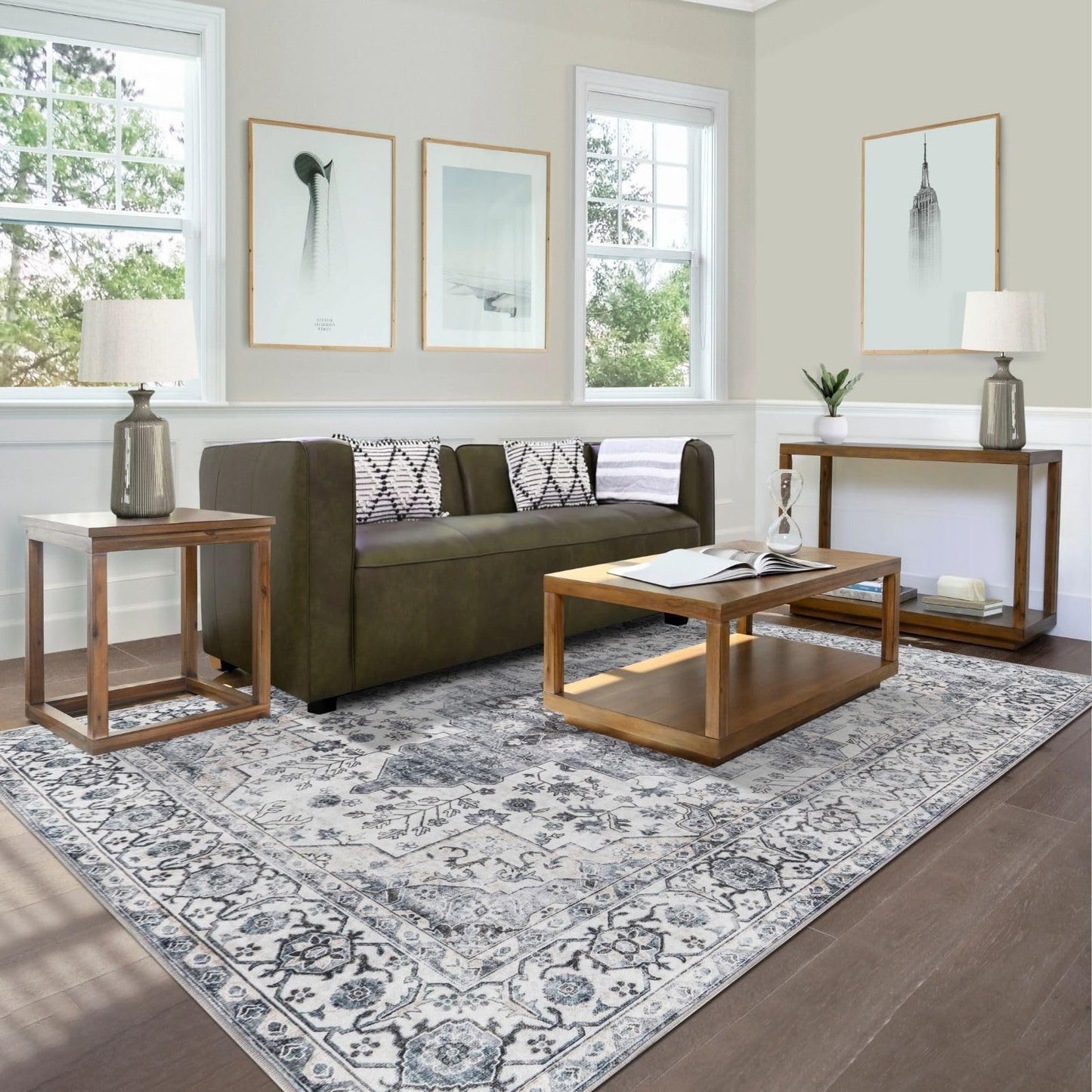 Syalife 3x5 Washable Area Rug, Ultra Soft Non-Slip, Low Pile, Stain Resistant Vintage Area Rug for Living Room, Boho Carpet for Bedroom, Dining Room, Office, Foldable Entryway Rugs, Grey/White