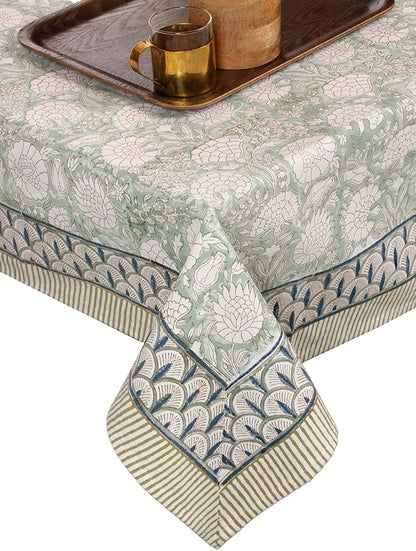 ATOSII Jade 100% Cotton Rectangle Boho Fall Tablecloth, Handblock Floral Table Cloth Linen for Kitchen Dining I Parties Wedding Outdoors Thanksgiving Easter Picnics I 72 X 120 Inches I 10 Seater