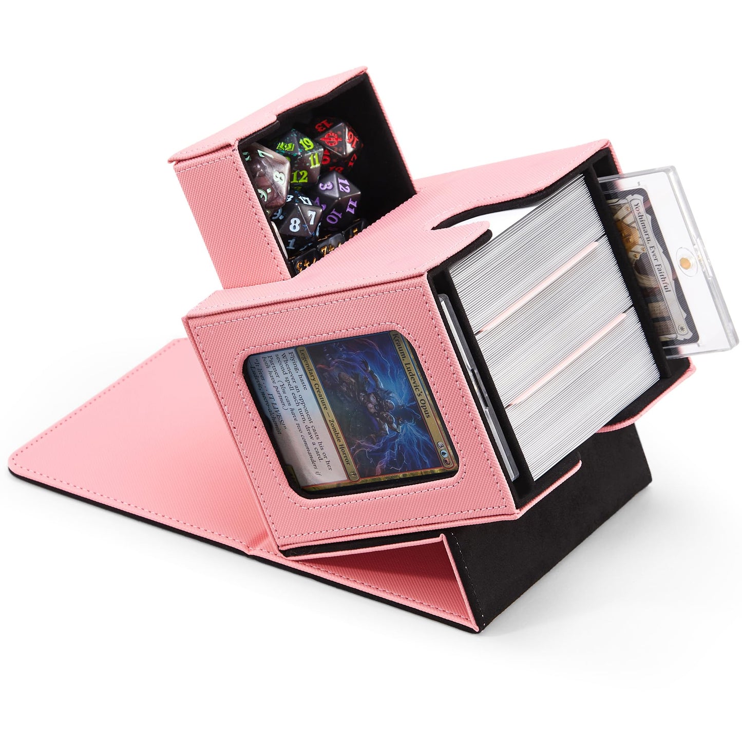 Zettokete MTG Commander Deck Box with Dual Commander Display, Patented Card Deck Box Fits 100 Double-Sleeved Cards, MTG Card Case with Dice Tray, 2 Dividers, 2 Magnetic Holders, Pink & Black