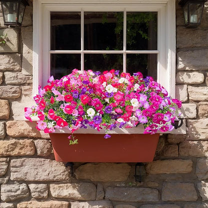 7 Color Mix Artificial Flowers for Outdoor, Fake Flowers Faux Plants for Outside Indoor, Summer Decor Morning Glory Petunia UV Resistant, for Garden Porch Window Box Home Planters (Pink Purlpe)