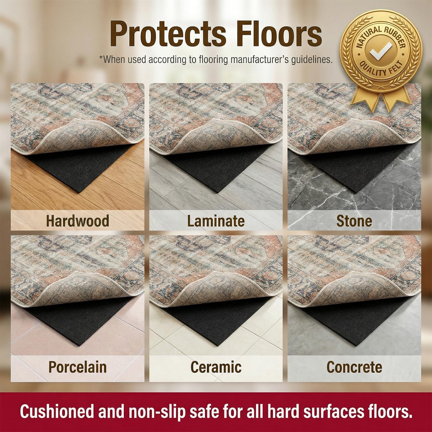 AHEONLAR Non-Slip Rug Pads, Waterproof Extra Large Area Rugs Pad 8'x10' Non Skid Felt Pads, Rugs for Living Room, 1/8 inch Thick Carpet Padding Protector Mat Floor Mat
