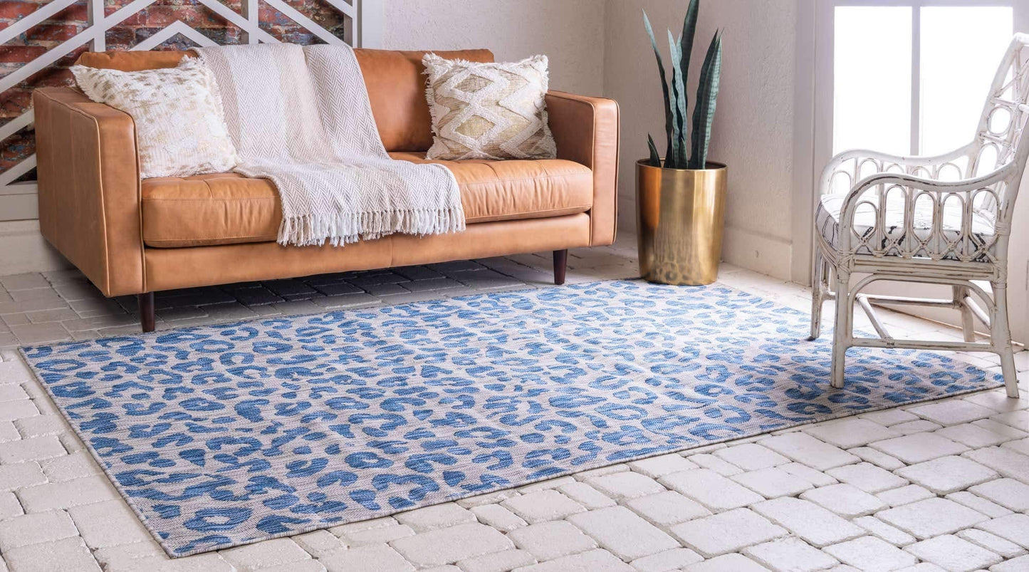 Unique Loom Outdoor Safari Collection Area Rug - Leopard (5' 1" x 8' Rectangle, Blue/ Gray)