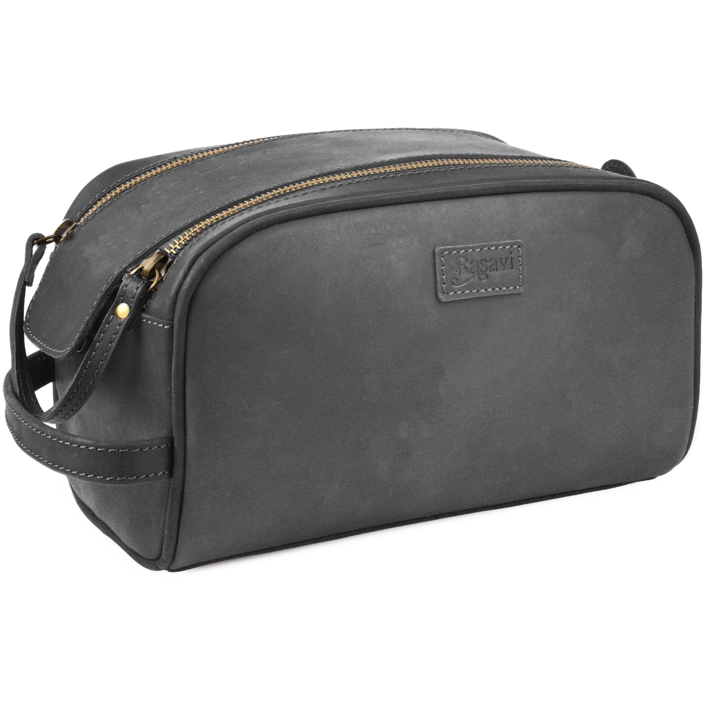 Rasavi Genuine Leather Travel Toiletry Bag, Handcrafted Vintage Water-Resistance Dopp Kit, Large Shaving & Bathroom Organizer - Gift for Men & Women - Black