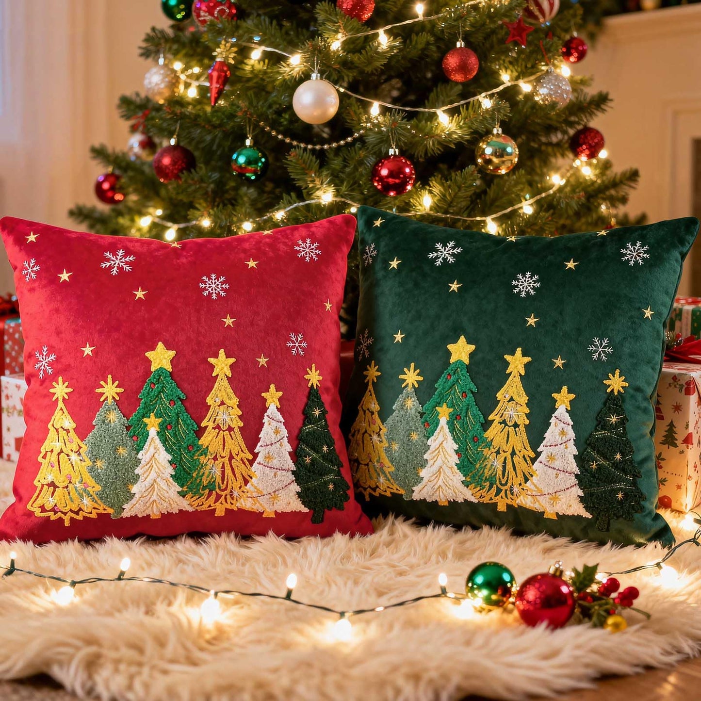 Lanpn 16x16 Christmas Pillow Covers Set of 2, Embroidery Cute Christmas Tree Decorative Holiday Pillowcase Pillow Case Cushion 16 x 16 for Indoor Home Bedroom Sofa Couch Xmas Decor