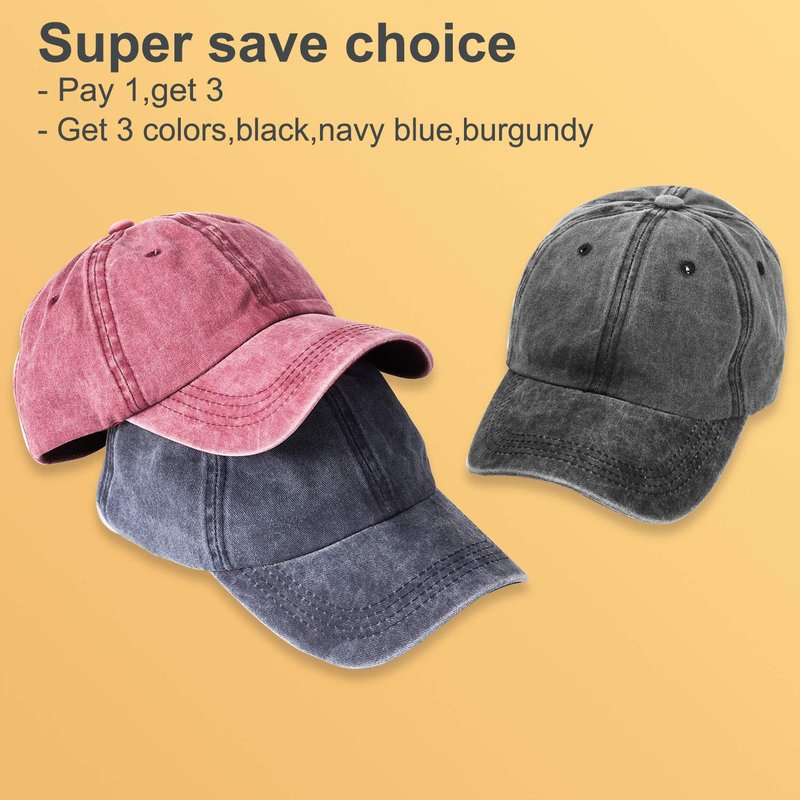 MEINICY 3 Packs Washed-Cotton Plain Baseball Cap, Vintage Adjustable Dad Hats Gift for Men/Women,Unstructured(Black,Blue+Burgundy)