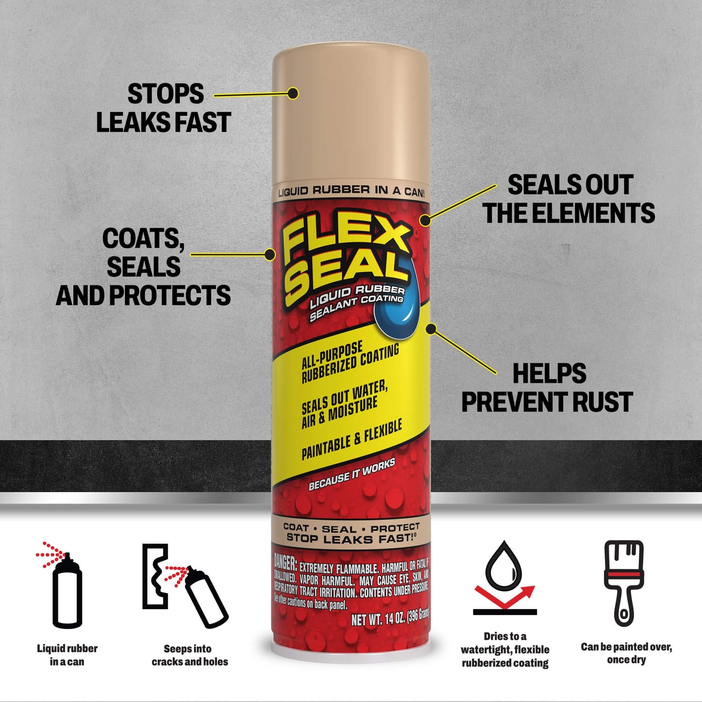Flex Seal, 14 oz, Almond, Stop Leaks Instantly, Waterproof Rubber Spray On Sealant Coating, Perfect for Gutters, Wood, RV, Campers, Roof Repair, Skylights, Windows, and More