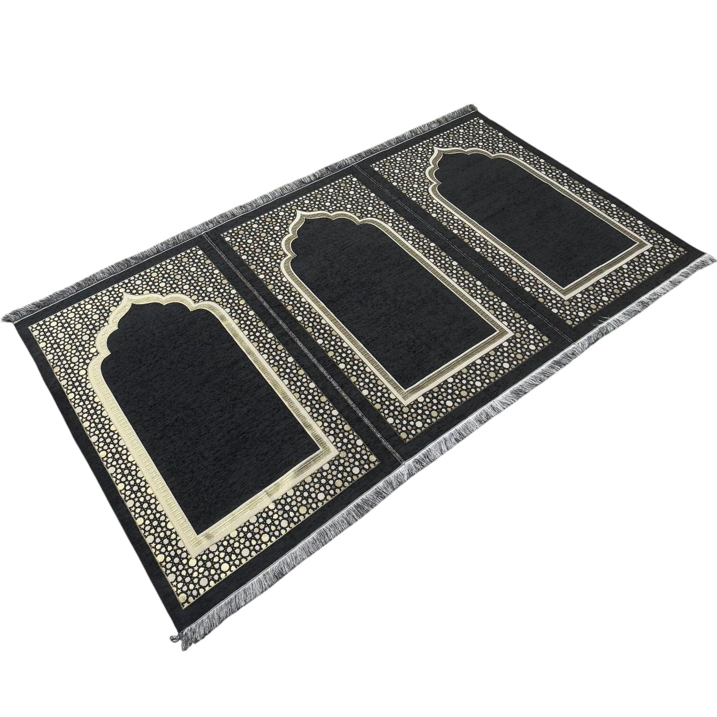 Modefa Turkish Islamic Prayer Mat - Wide Chenille Praying Mat - Multi Person Muslim Janamaz Sajada for Family - Large Gathering & Group Praying Carpet - Selcuk Star 3 Person (Black)