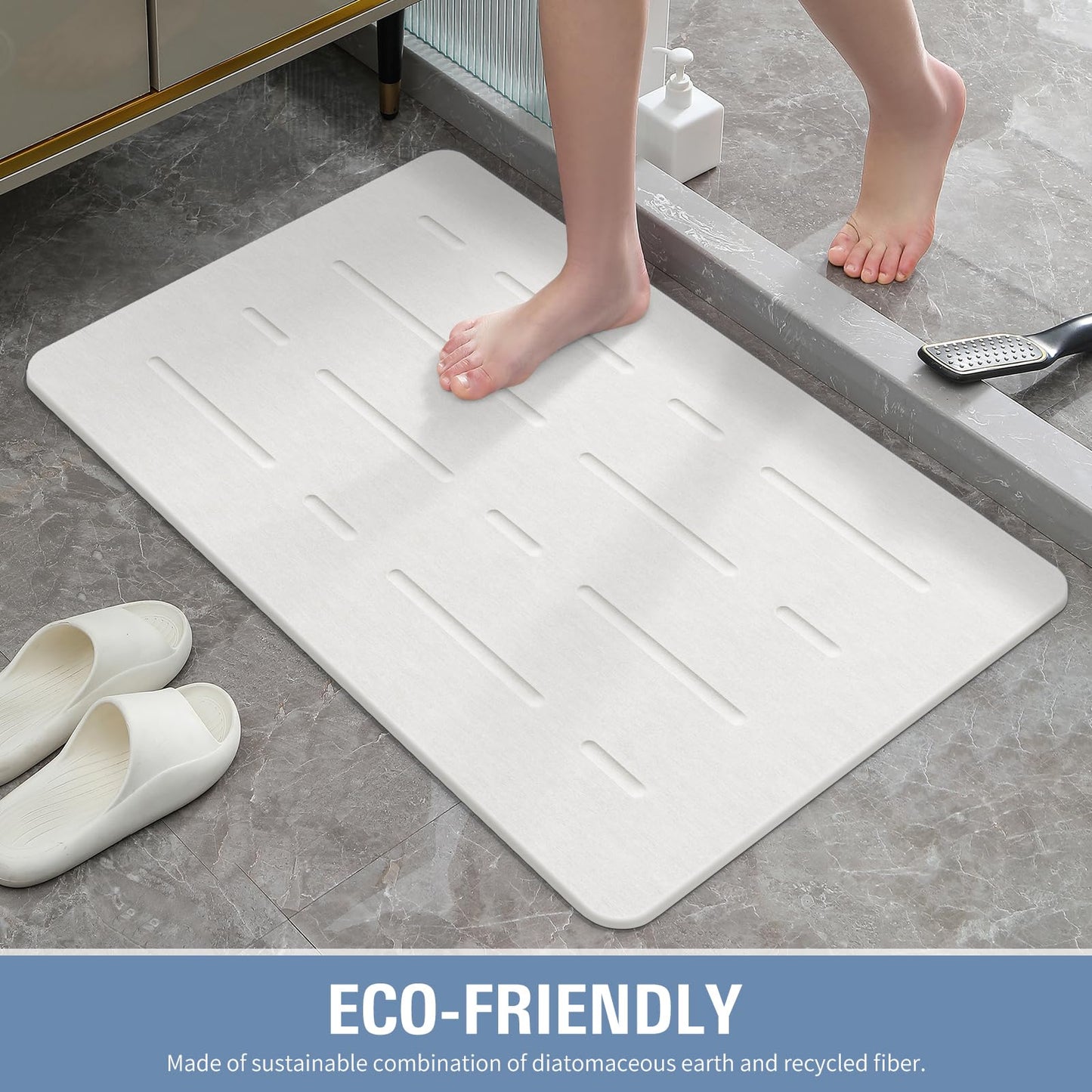 OTHWAY Large Stone Bath Mat, 32"x 20" Diatomaceous Earth Bath Mat for Bathroom Quick Drying Absorbing, Long Non-Slip Diatomite Hard Stone Shower Mat Instant Dry(White Grey)