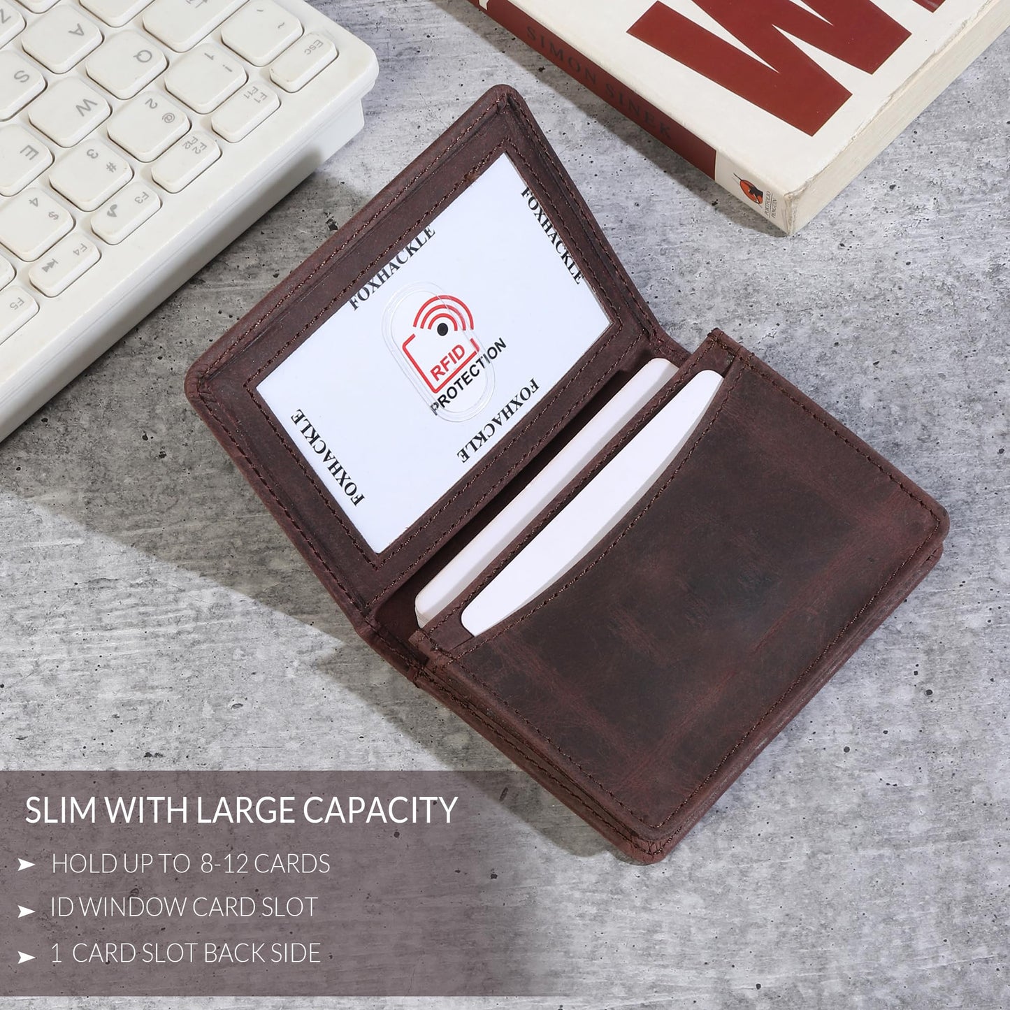 FOXHACKLE Leather Credit Card Holder For Men and Women, Small RFID Blocking Bifold Wallet (With ID Slot, Hunter Coffee Brown)