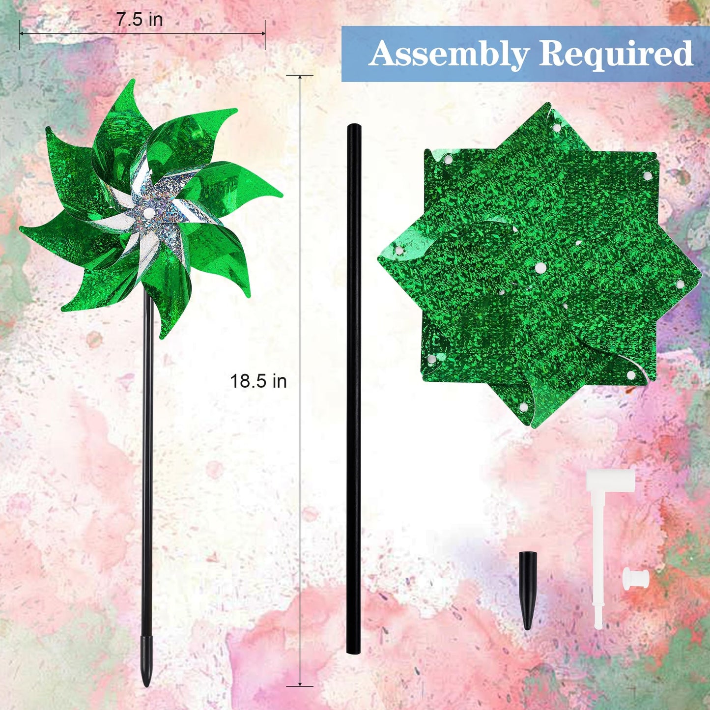 Hausse 10 Pack Reflective Pinwheels Holiday Decor (Assembly Required), Sparkly Wind Sculptures for St. Patrick's Day Decorations Party Supplies, Scare Birds Away from Garden Yard Patio Farm, Green