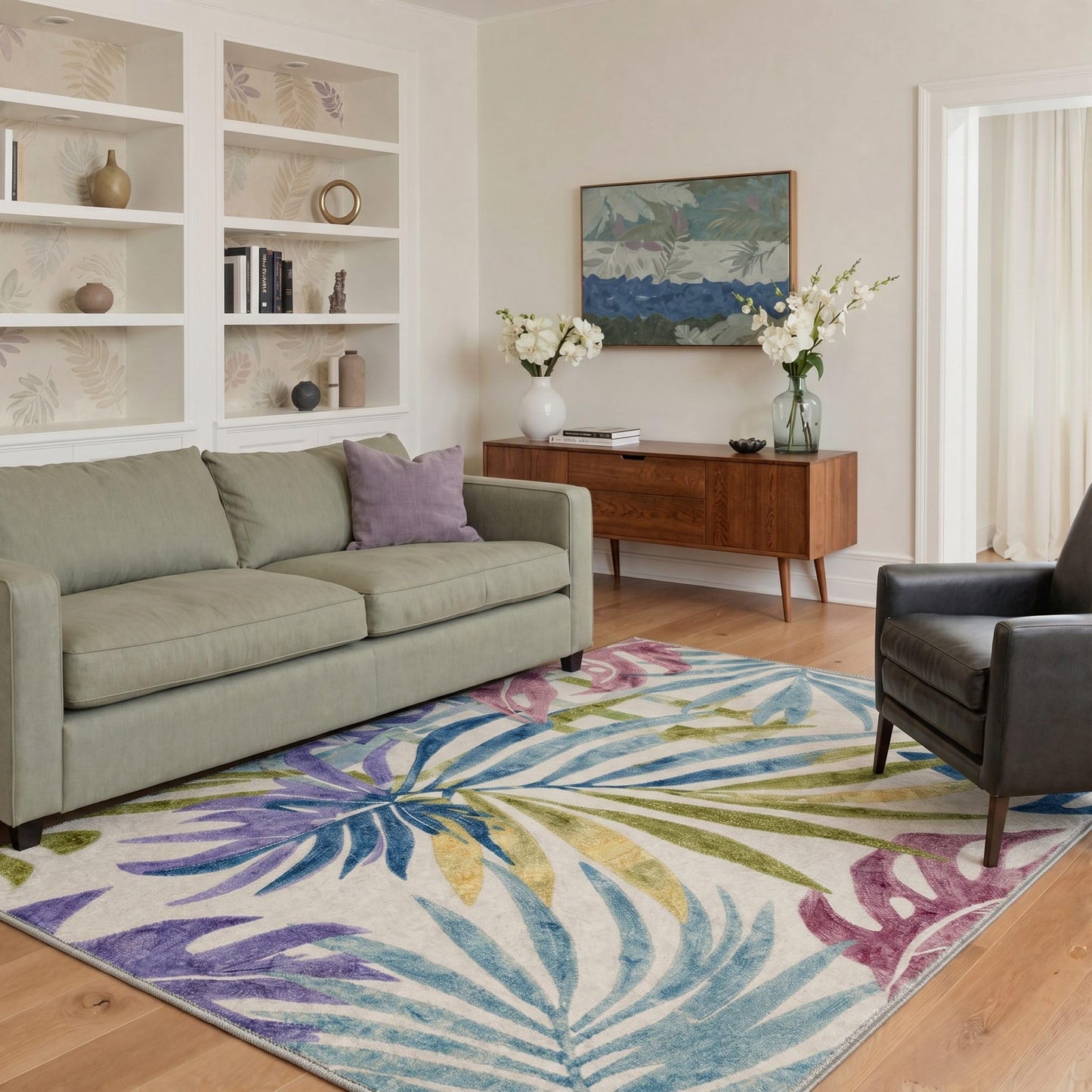 Bavni 5x7 Area Rugs for Living Room Machine Washable Non Slip Low Pile Print Rug for Bedroom, Dining Room, Home Office, Tropical Foliage Design, Lavender