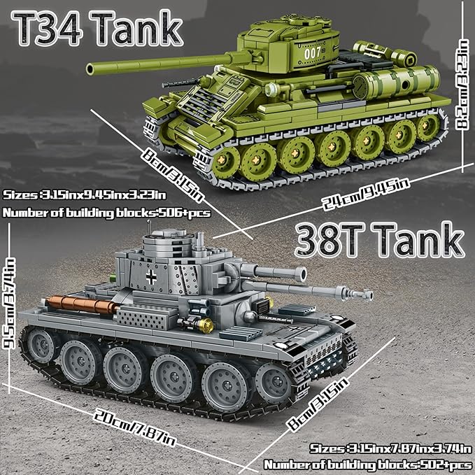 WW2 Tank Building Blocks 38T and T-34 Army Tank Military Battle Model KitsToy Gifts for Boys or Men Collectors(1000+ pcs)