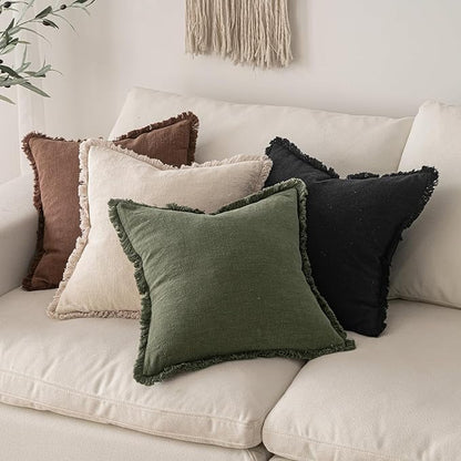 MIULEE Decorative Throw Pillow Covers Neutral Linen Fringe Throw Pillows Set of 2 Black Boho Farmhouse Cushion Covers with Tassels for Couch Sofa Bed Living Room Spring Home Decor 18x18 Inch
