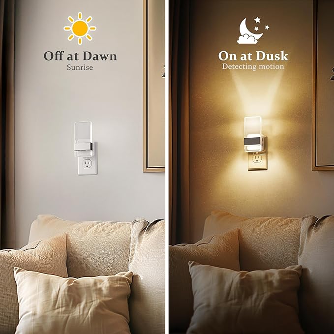 JandCase Night Lights Plug into Wall, Dusk to Dawn Sensor, 3000K Soft White LED, Acrylic Design, 0-100lm Adjustable Brightness, for Bedroom, Bathroom, Living Room, Hallway