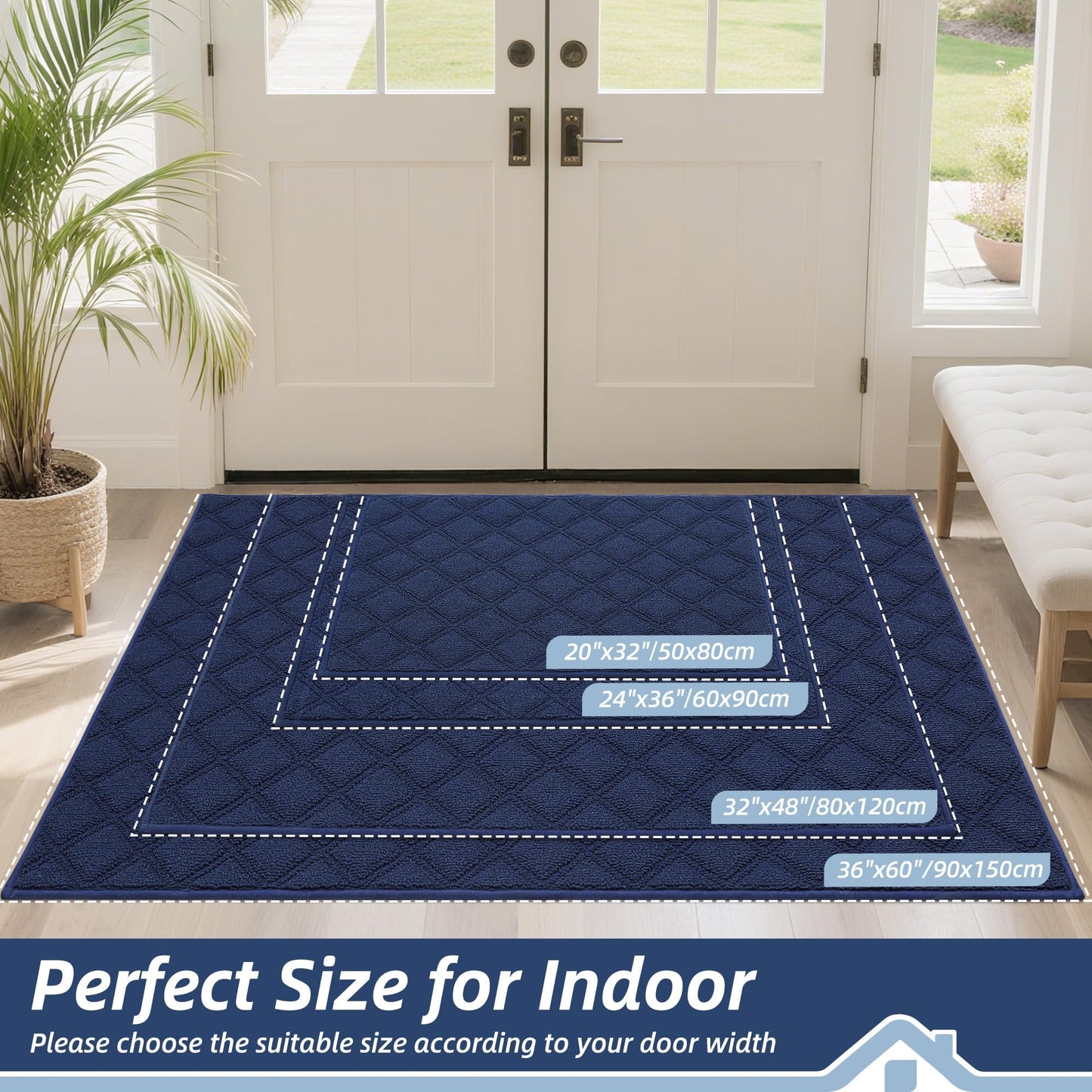 BEQHAUSE Dirt Trapper Door Mat 36" x 60", Non-Slip Washable Doormats Welcome Mat, Trap Dirt and Absorbent Entrance Mat, Low Profile Floor Mats for Front Back Door, Entryway, Blue