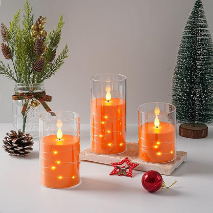Da by Flickering Flameless Candles with Remote,Acrylic LED Candles with Embedded Star String,Battery Operated Candle, for Home and Holiday Decoration Set of 3（Orange）