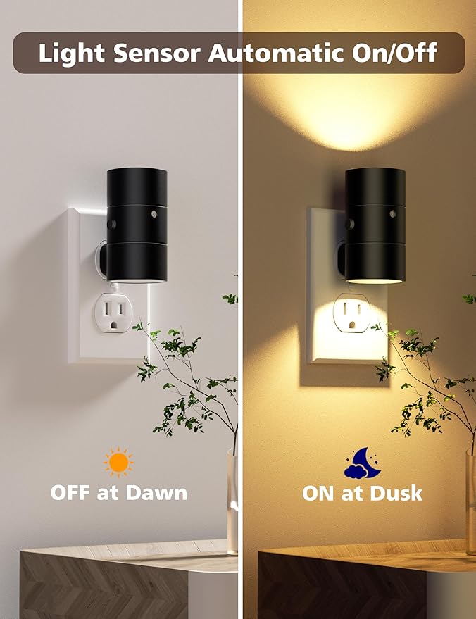 Night Lights Plug Into Wall,Dimmable LED Nightlight with Dusk to Dawn Light Sensor,0-100LM Adjustable Brightness,3 Color Temperatures,Night Light for Hallway Bathroom Stair Bedroom,Black,2 Pack