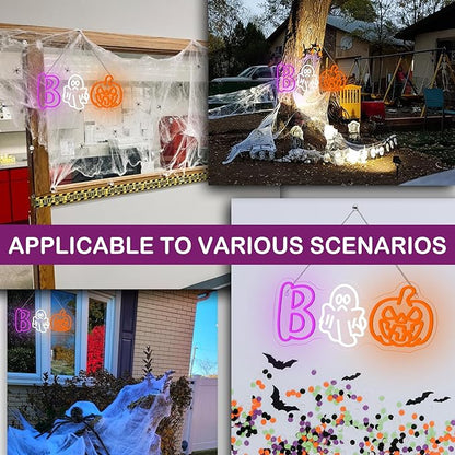 BOO Neon Sign, Halloween LED Wall Light with Ghost Pumpkin Neon Decoration for Halloween Party, Home, Bar