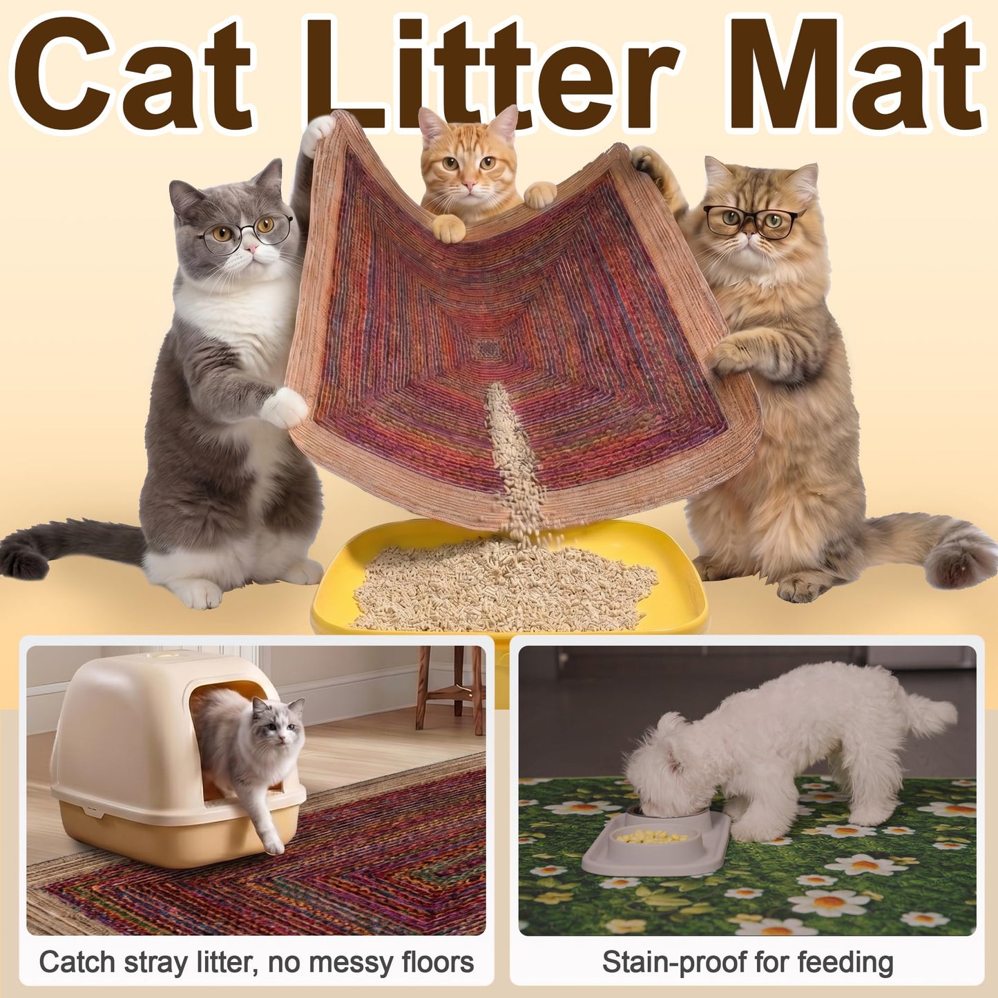 Verdasun Cat Litter Mat 2 Pack, 24"x36" Litter Trapping Mats for Litter Box, Non-Slip, Super Absorbent & Urine Proof, Machine Washable, Reusable Pee Pads for Cats, Dogs, Rabbits and Guinea Pigs