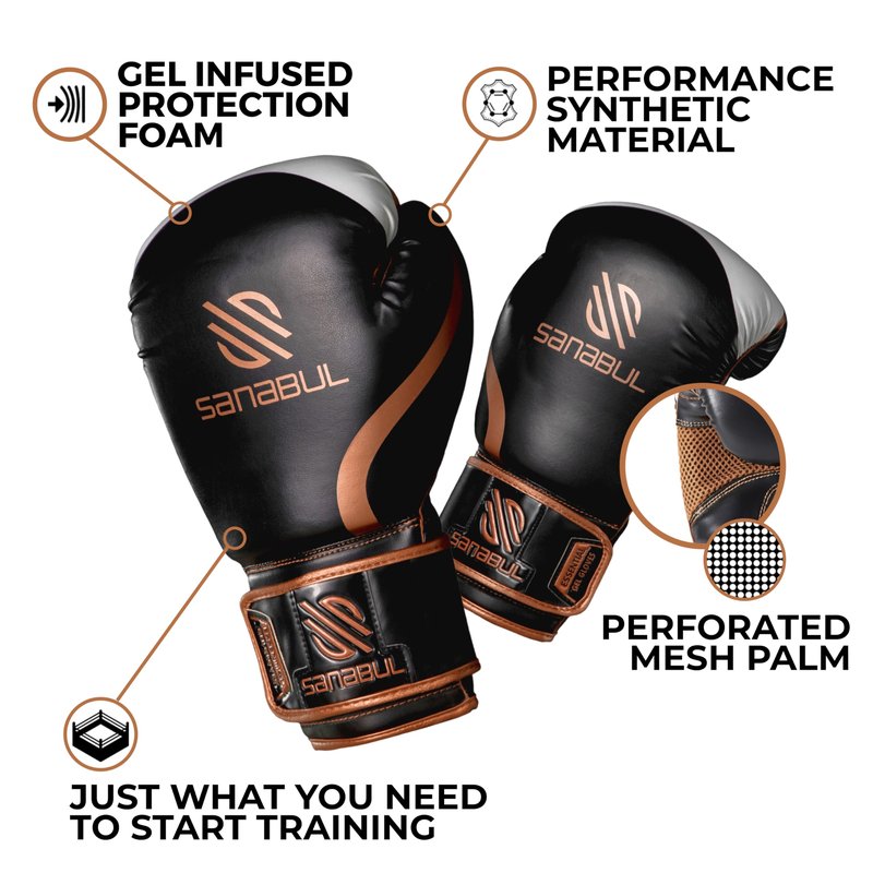 Sanabul Essential Gel Boxing Gloves for Men & Women, Kickboxing MMA, Muay Thai Gloves and Heavy Bag Training Punching & Sparring, Black/Copper 10 oz
