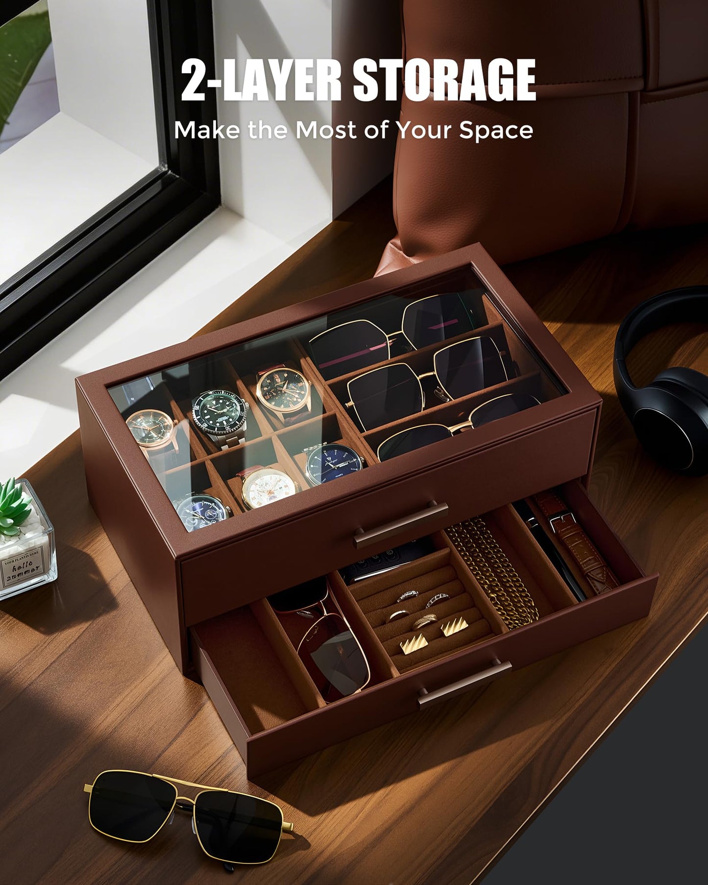 ProCase Mens Jewelry Box Pull-Out Drawer, 6 Slot Watch Case & 5 Slot Sunglasses Organizer, Fathers Day Gift for Dad, 2-Tier Leather Watch Box with Glass Display Top, Gift for Men & Women-Espresso