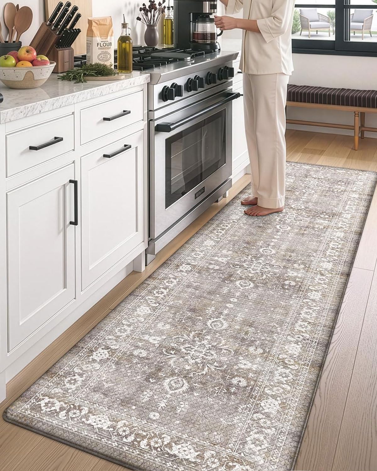 DEXI Kitchen Floor Mats Cushioned Anti Fatigue, 23x86 Long Wide Standing Comfort Runner Rug, Waterproof Retro Floral Memory Foam Padded for Front Sink Laundry, Grey Floral