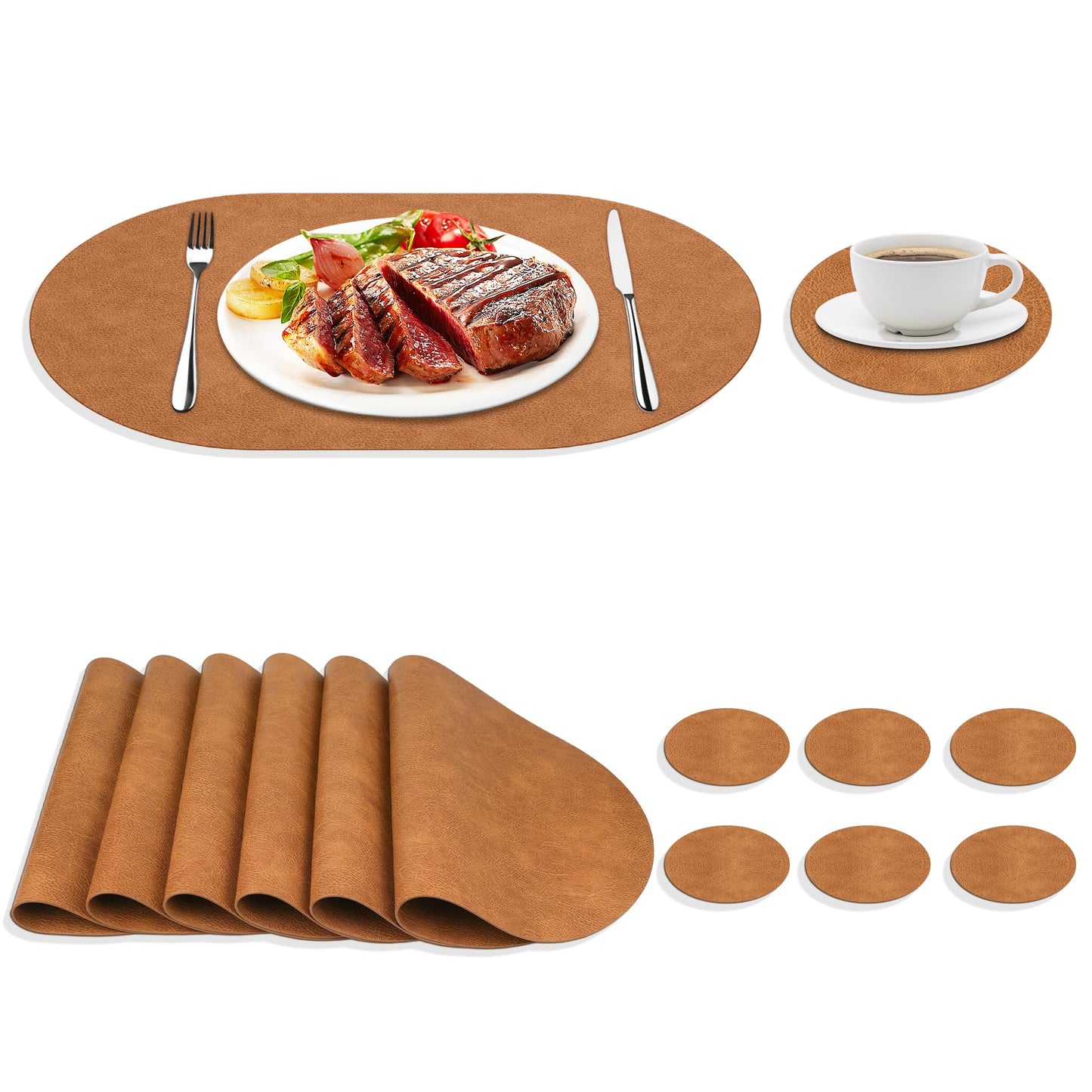 QTRQTR Oval Placemats Set of 6 Washable 12 x 17 Inch, Wipeable Placemat and Round Coasters Leather Place Mats Heat Resistant Table Mats for Kitchen Dining Outdoor