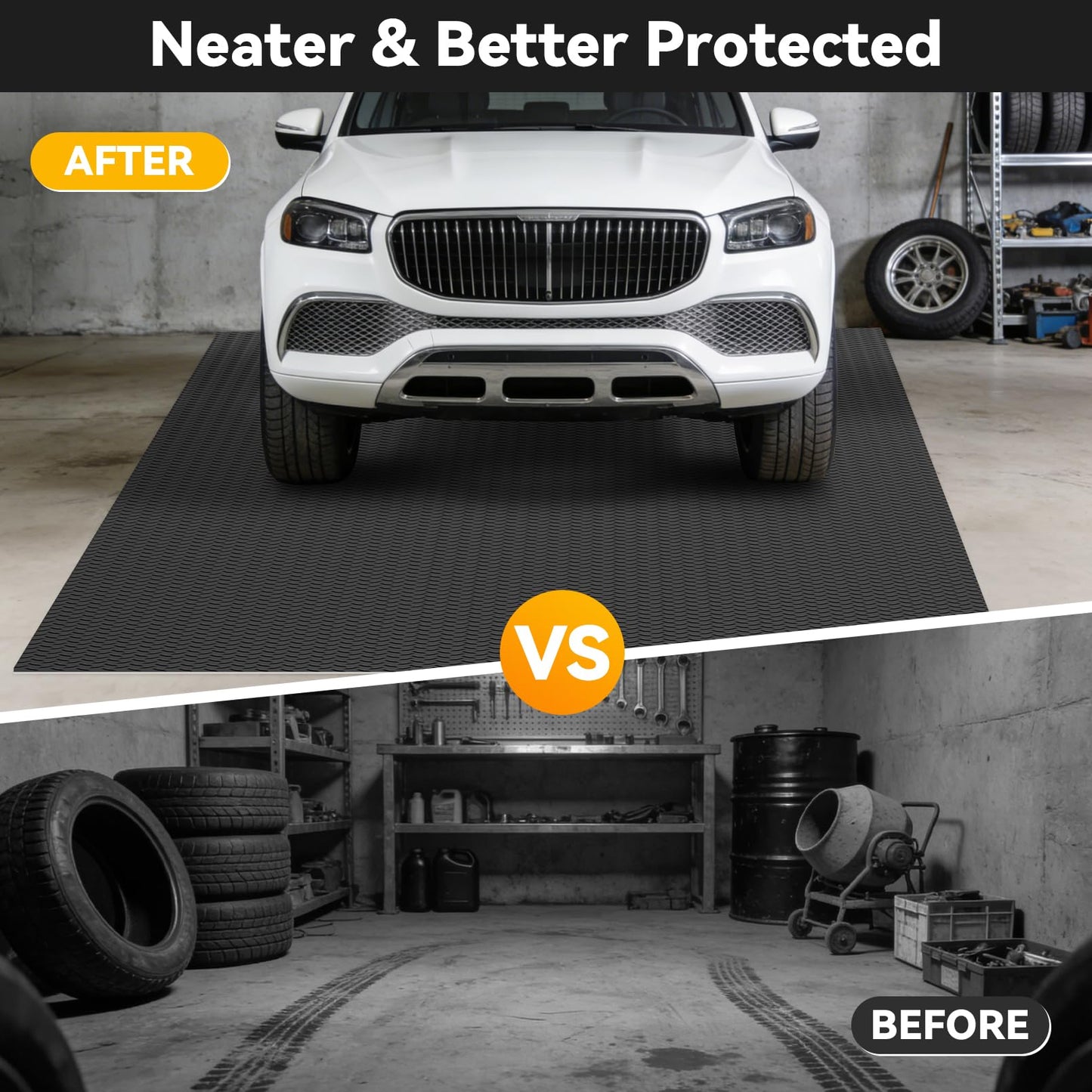 Grandroad auto 8x20 FT Garage Floor Mat, 2.8mm Thickened Flooring Roll for Under Car Diamond Plate PVC Rubber Mat with 20 Pcs Tapes, Non-Slip Floor Mat for Garage, Warehouse, Gyms, Trailer, Black