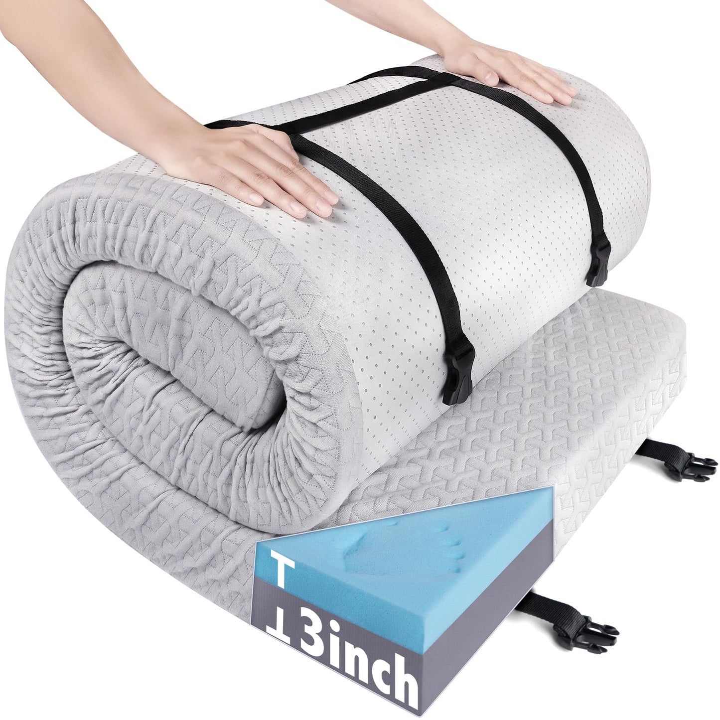 Memory Foam Camping Mattress Pad 3 Inch Thick, Soft Sleeping Pad with Waterproof Cover, Roll Up Cot Mattress Pad Topper for Travel Truck Bed Tent, Pad Only