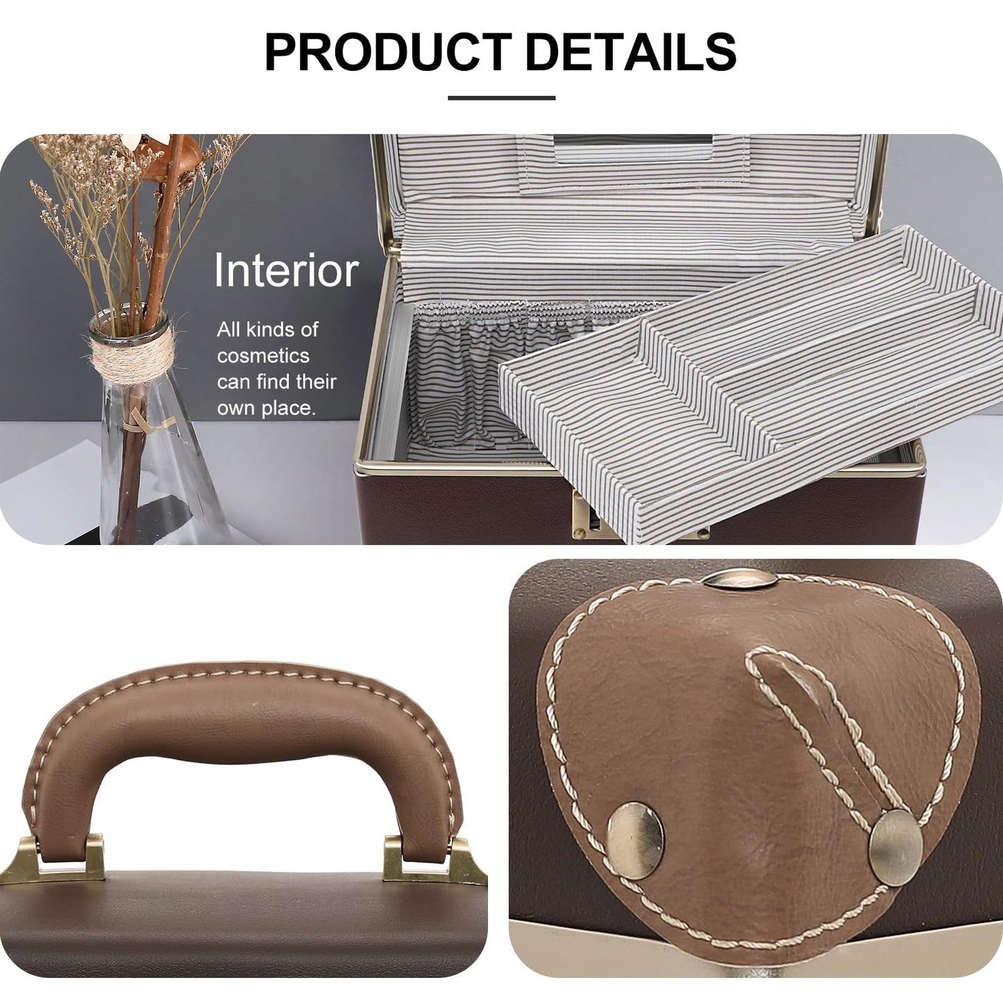 urecity Retro Vintage Makeup Train Case, Brown Artificial Leather, Professional Cosmetic Organizer with Combination Lock, Striped Interior
