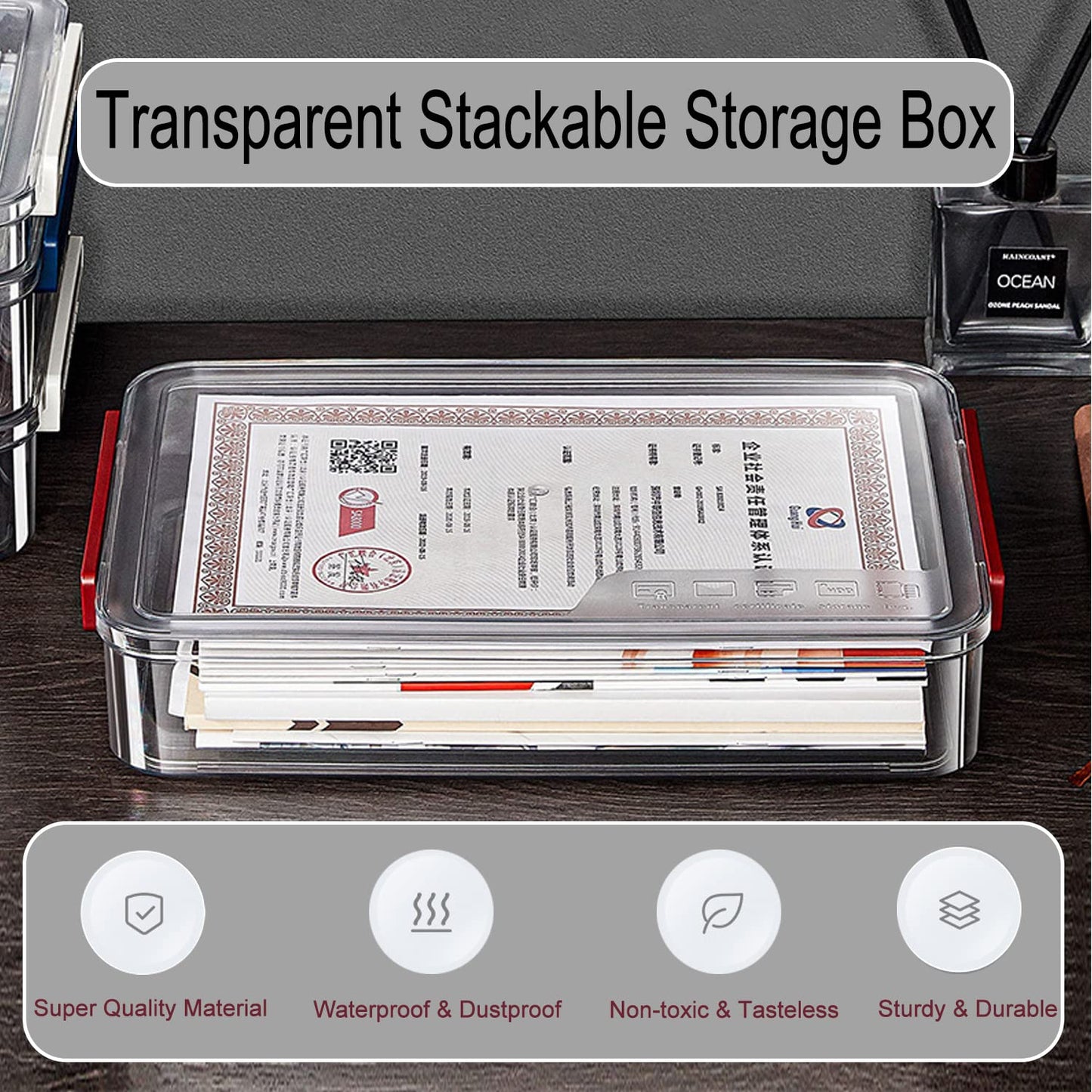PeoTRIOL Clear File Storage Box with Lids, A4 Storage Box for 8"x11" Paper, Plastic A4 Container, Stackable Magazine File A4 Paper Project Case Bins, Desk Organizer Office Invoice Document