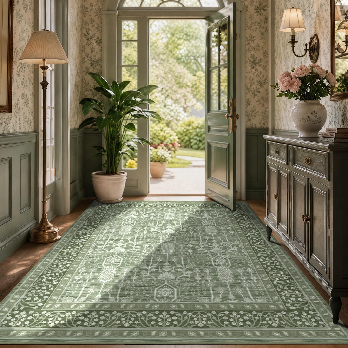 Deerly Boho Area Rug 4x6 Vintage, Thin Low Pile Soft Carpet with Non-Slip Backing Machine Washable Easy Clean Rugs for Kitchen Living Room Bedroom Dorm Laundry, 4x6ft Green