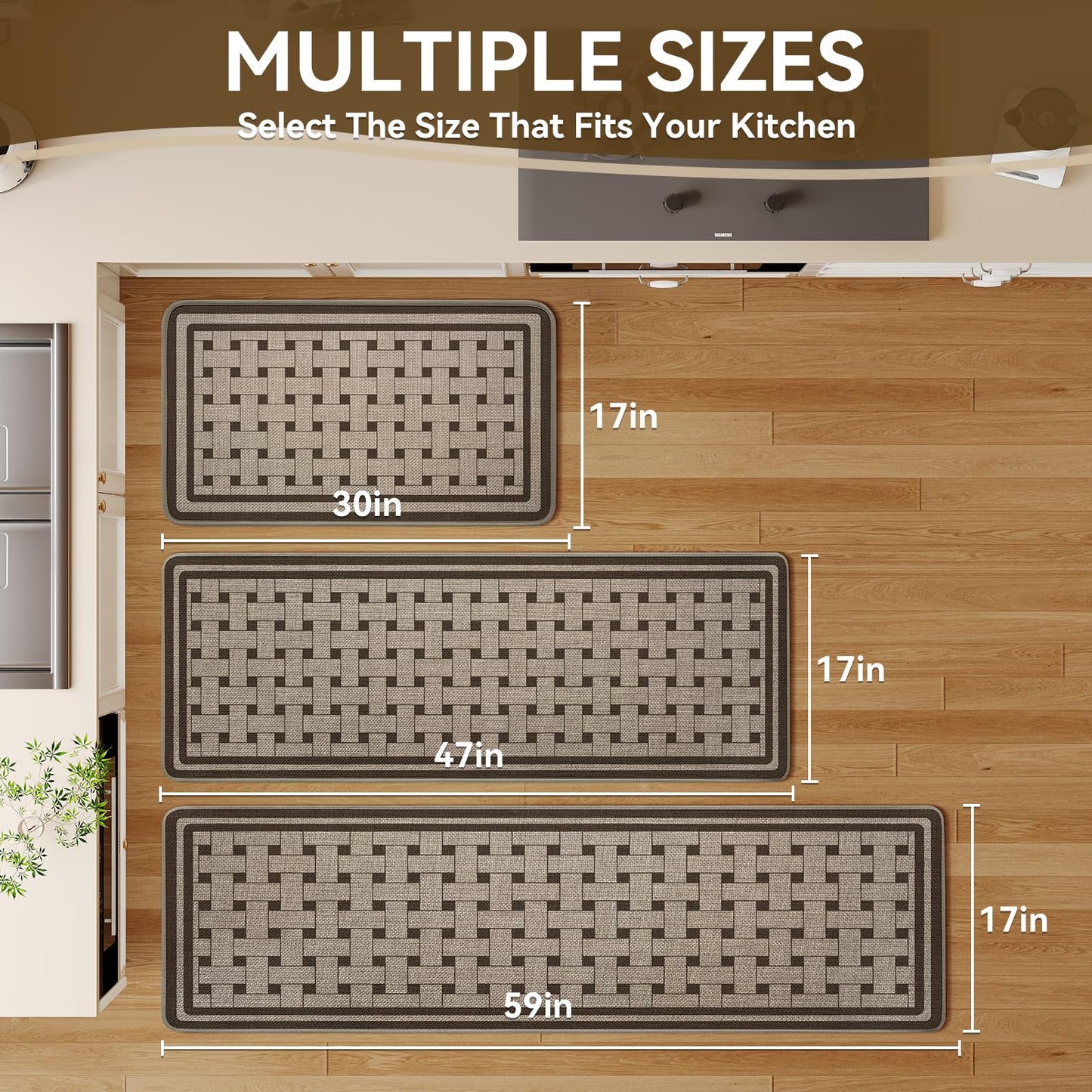 QiCaiJia Kitchen Mats for Floor, 17''x30'' Washable Absorbent Non Slip Kitchen Mat, Braided Kitchen Runner Rug, Kitchen Sink Rug, Brown