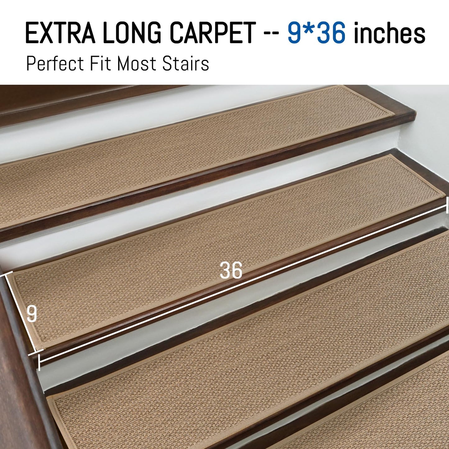 RIOLAND Linen Carpet Stair Treads for Wooden Steps Indoor 9" x 36" Non Slip Stair Runner for Wood Stair Peel and Stick Stair Rugs for Kids Elders and Dogs, 15 Pack