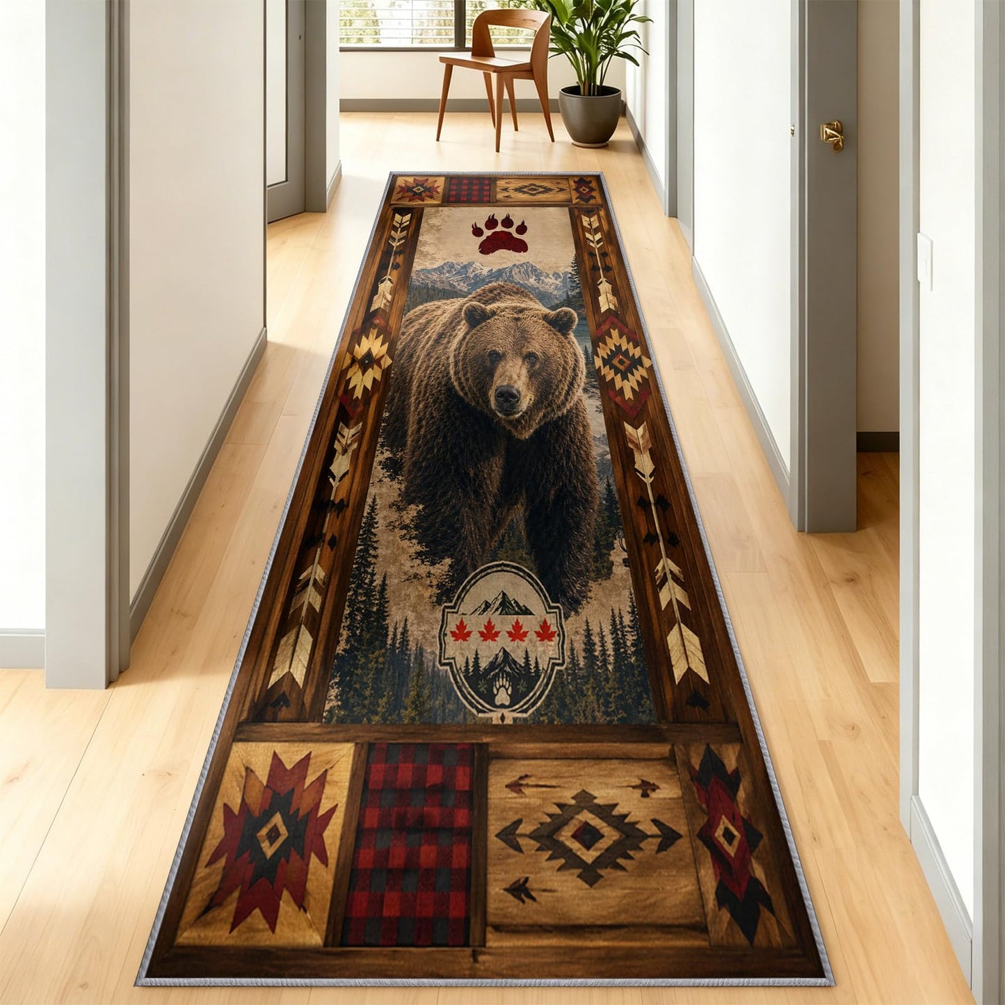 Brown Bear Runner Rug 3x8 Rustic Lodge Hallway Runner Rug, Farmhouse Rugs, Western Rugs for Hallway, Non-Slip Washable Low Pile Entryway Carpet for Kitchen Living Room Bedroom