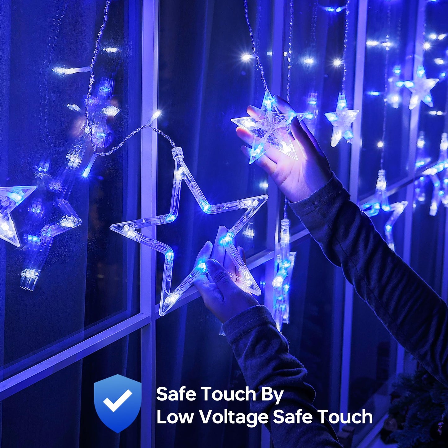 MYGOTO 126L Blue White Christmas Star Icicle Lights, 8.2FT Clear Curtain Fairy String with Connectable, Timer 8 Modes Memory, Waterproof Hanging for Eaves, Party, Wedding Indoor Outdoor Decorations