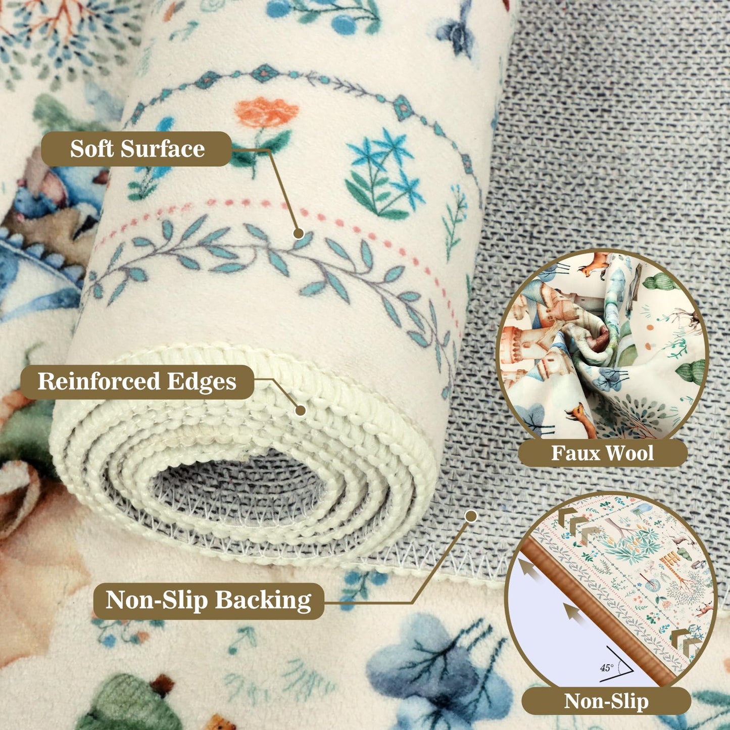 nesrt Washable Area Rugs for Living Room 5x7ft Beige, Soft Dragon Animal Print Bedroom Rugs Non Slip, Botanical Forest Kids Nursey Playroom Floor Carpets for Dining Room Farmhouse Home Office Decor