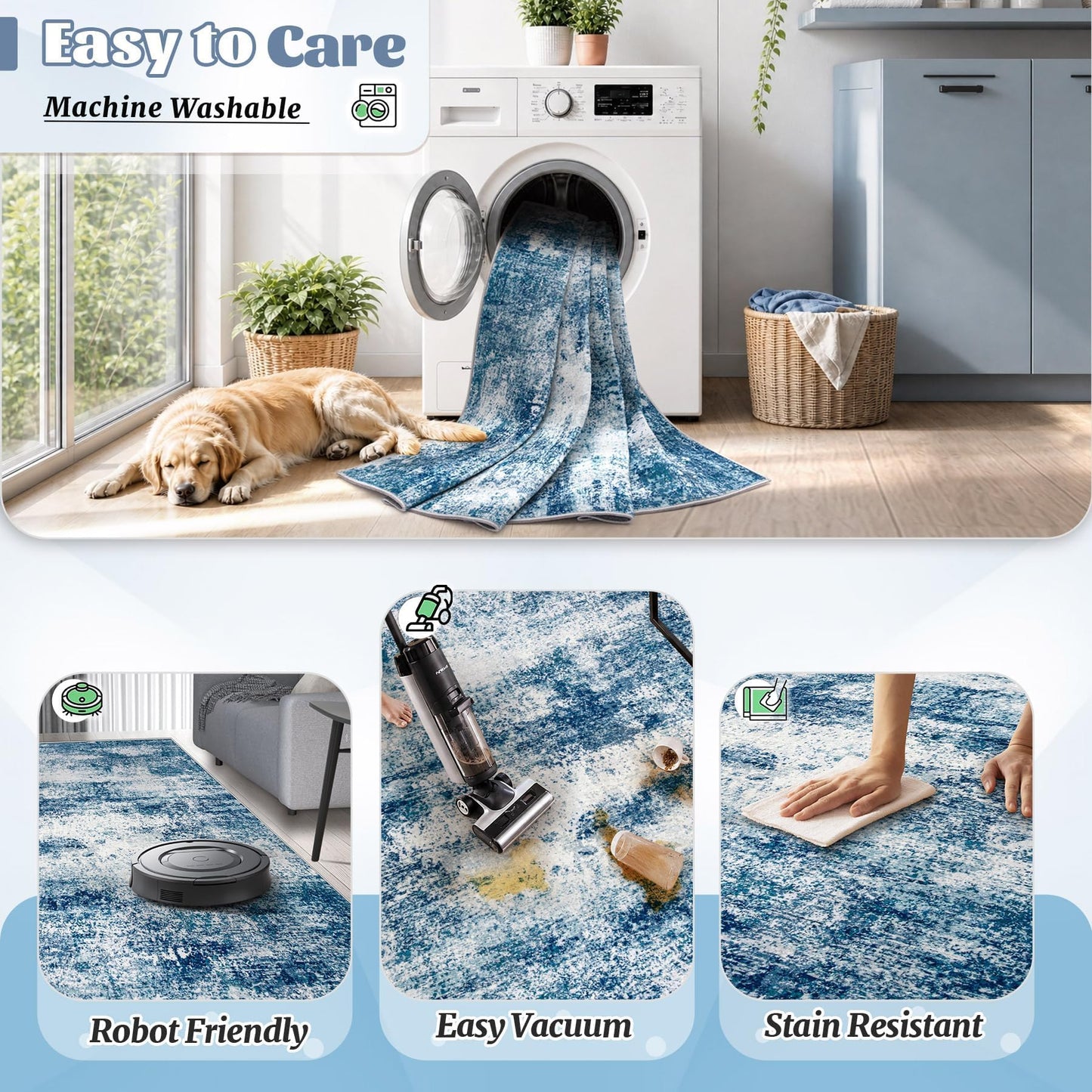 5x7 Area Rugs for Living Room, Washable Modern Abstract Rug Non-Slip Soft Low Pile Stain Resistant Carpet for Bedroom Nursery Dining Room Home Office (Blue, 5'x7')