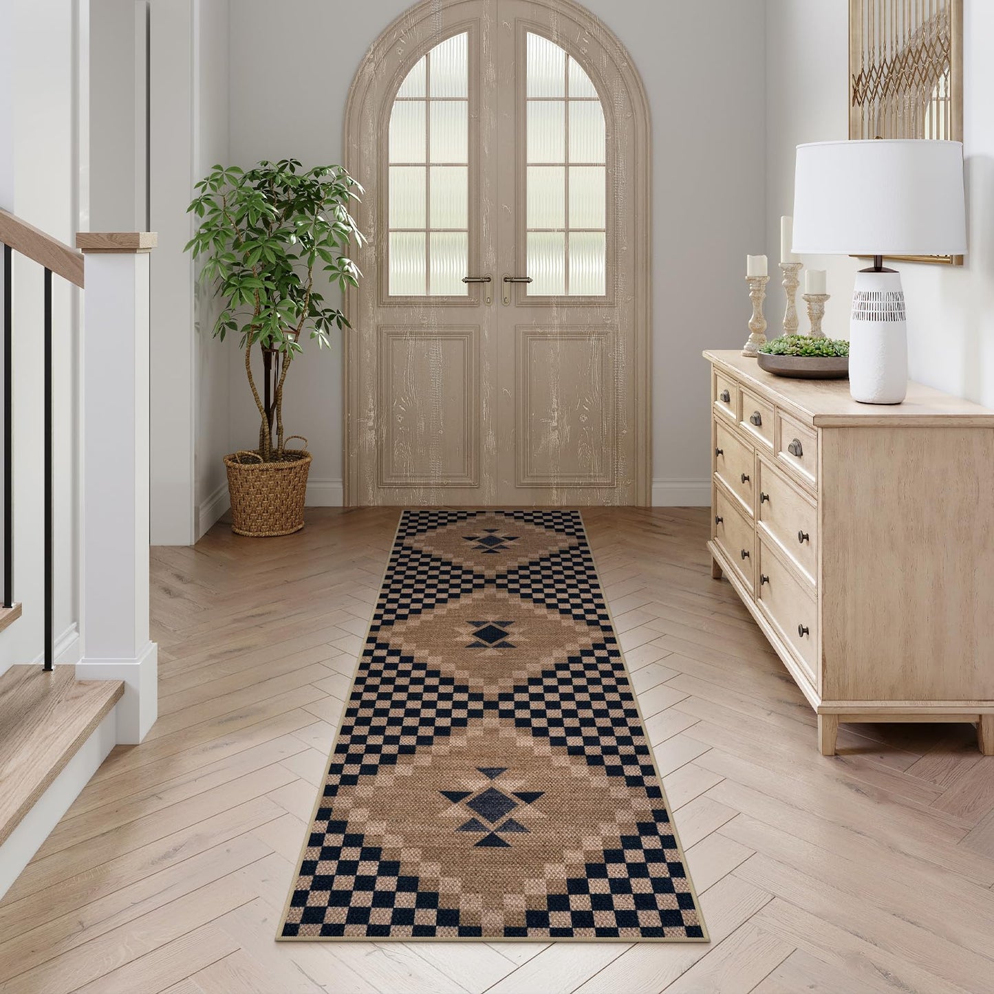 LIVEBOX Easy Jute Runner Rug for Entryway, 2x6 Runner Rug Kitchen Rugs Non Slip, Washable Black Checkered Indoor Runner Rugs for Laundry Room Bedroom, Carpet Runners for Hallway 6ft
