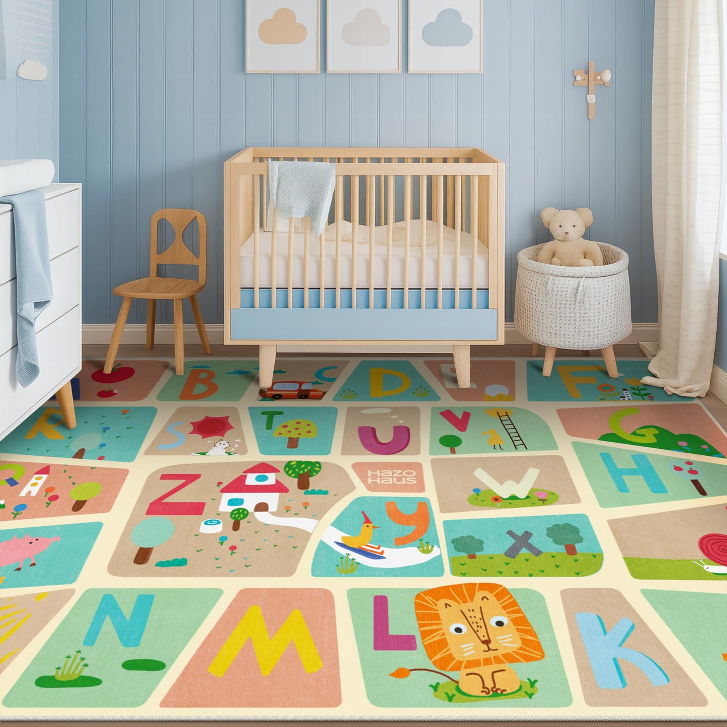ABC Alphabet Rug for Nursery Room – 5x8 Baby Play Mat for Preschool, Washable Play Room Carpet, Soft & Safe Toddler Crawling Map with Fun Educational Letters and Cute Cartoon Art Decor