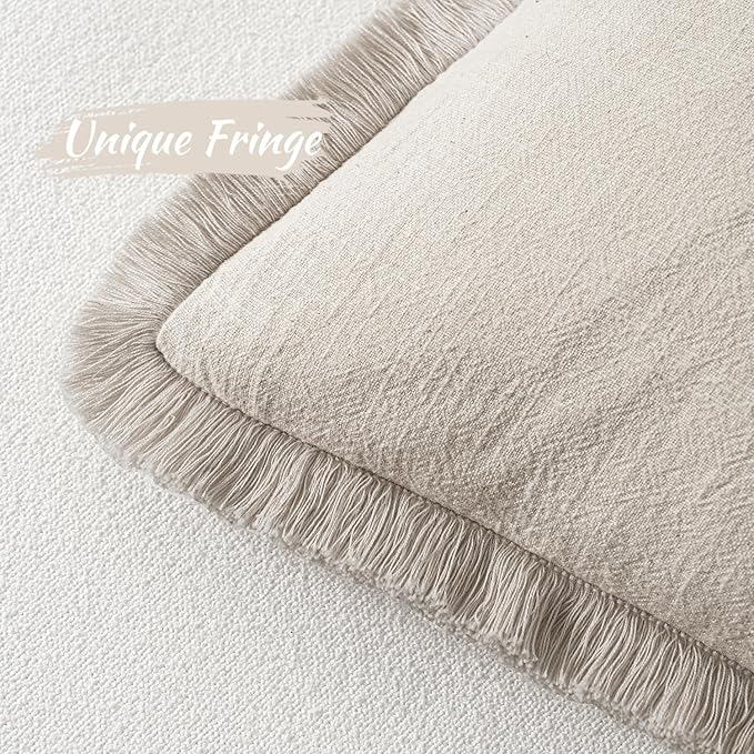 MIULEE Christmas Decorative Throw Pillow Covers Neutral Linen Fringe Throw Pillows Set of 2 Natural Beige Boho Farmhouse Cushion Covers with Tassels for Couch Sofa Bed Living Room Decor 18x18 Inch