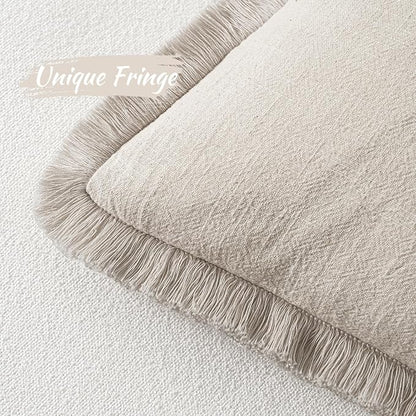 MIULEE Christmas Decorative Throw Pillow Covers Neutral Linen Fringe Throw Pillows Euro Shams Set of 2 Natural Beige Boho Farmhouse Cushion Covers for Couch Sofa Bed Living Room Home Decor 26x26 Inch