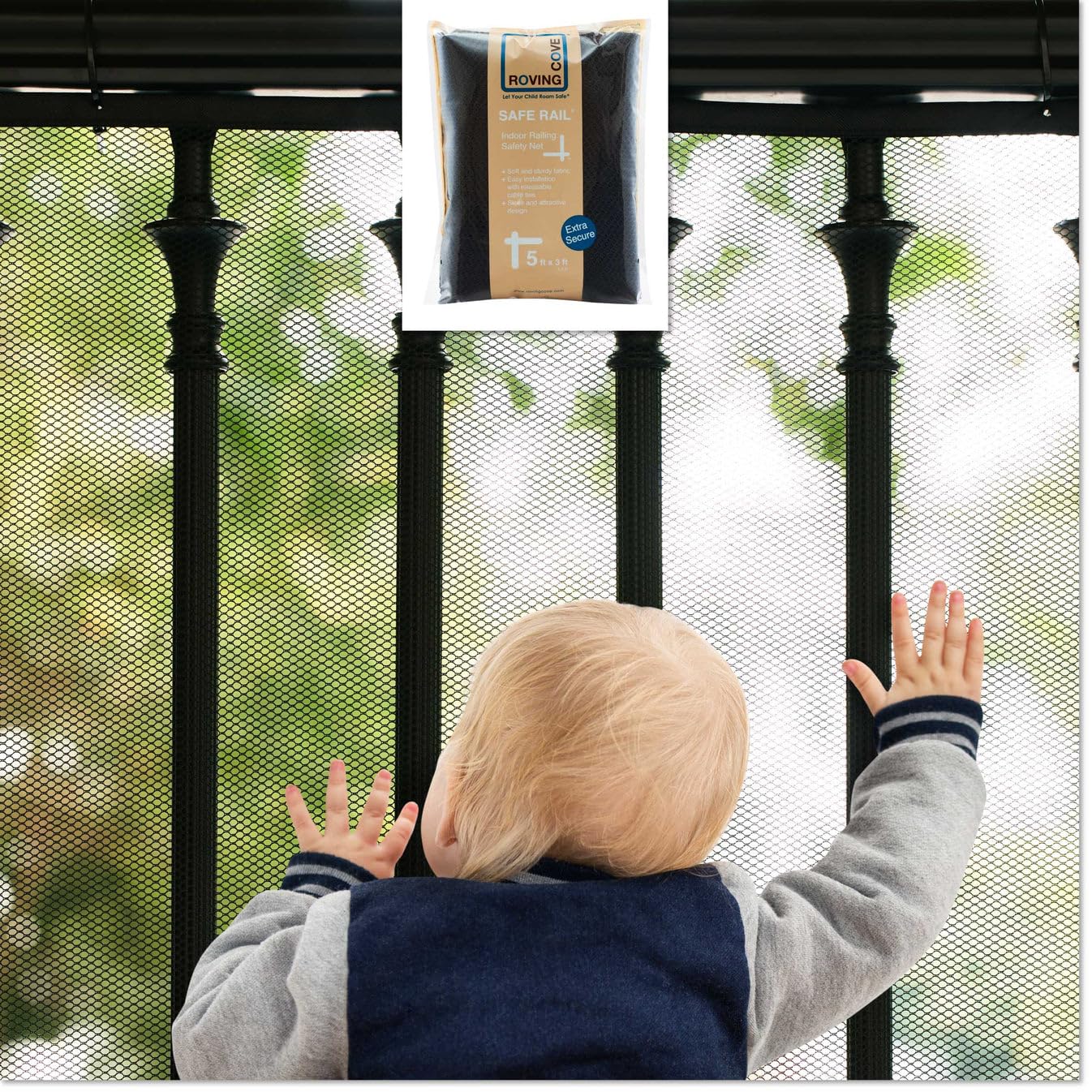 Roving Cove Stair Banister Guard 5ft x 3ft, Railing Safety Net for Baby Proofing, Child Safety Stairway Cover, Balcony Mesh Netting, Ebony Black