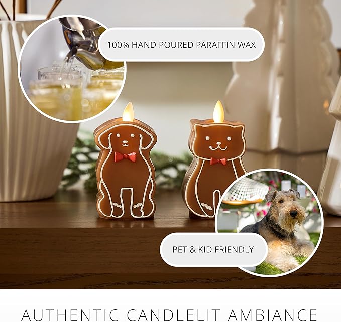 Luminara Flickering Flameless Candle 2.5" x 4.3", Battery Operated & Timer Function, Remote Ready (Sold Separately), Gingerbread Cat Moving Flame LED Light Figural Candle for Christmas Holiday Display