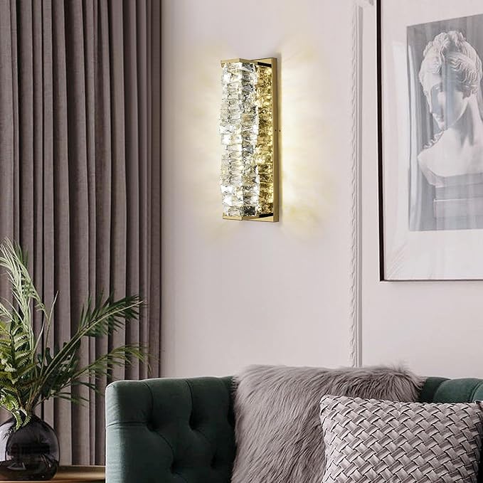 LED Crystal Wall Sconce Gold Mid Century Modern Wall Sconce Lighting 3000-4000K Color Temperature Adjustable LED Wall Light Glass Wall Mount Light Fixture for Bedroom Living Room Bathroom Room Hallway