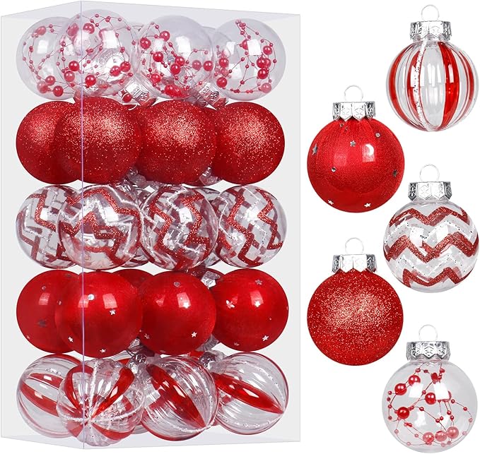 SY Super Bang 30PCS Red Christmas Ornaments Set, 60MM/2.36" Clear Plastic Shatterproof Ball Ornaments for Christmas Tree Hanging Decorations, for Home Holiday Party Xmas Decor.