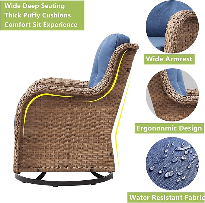 Rilyson Patio Furniture Swivel Chairs Set - 5 Piece Rattan Wicker Outdoor Sectional Conversation Sets with 2 Swivel Rocking Chairs,2 Ottomans and 1 Side Table for Porch Deck Garden(Yellow/Blue)