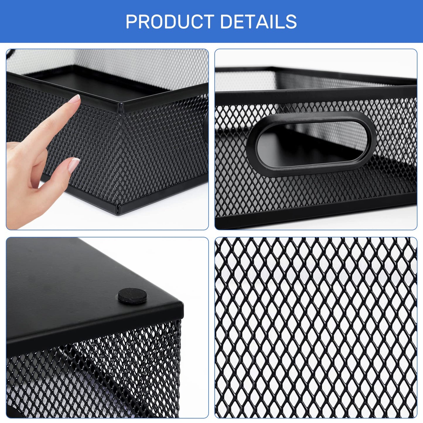Neudeco Desk Drawer Organizer with 6 Adjustable Dividers, Metal Mesh Pen Organizer for Desk Drawer, Office Supplies Tray (Pack of 4, Black)