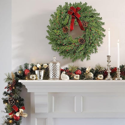 Real Touch Pine Christmas Wreath 24 Inch Christmas Wreaths for Front Door Winter Wreath Artificial Green Wreaths Outdoor Christmas Decorations Indoor Outside Window Home Holiday Thanksgiving